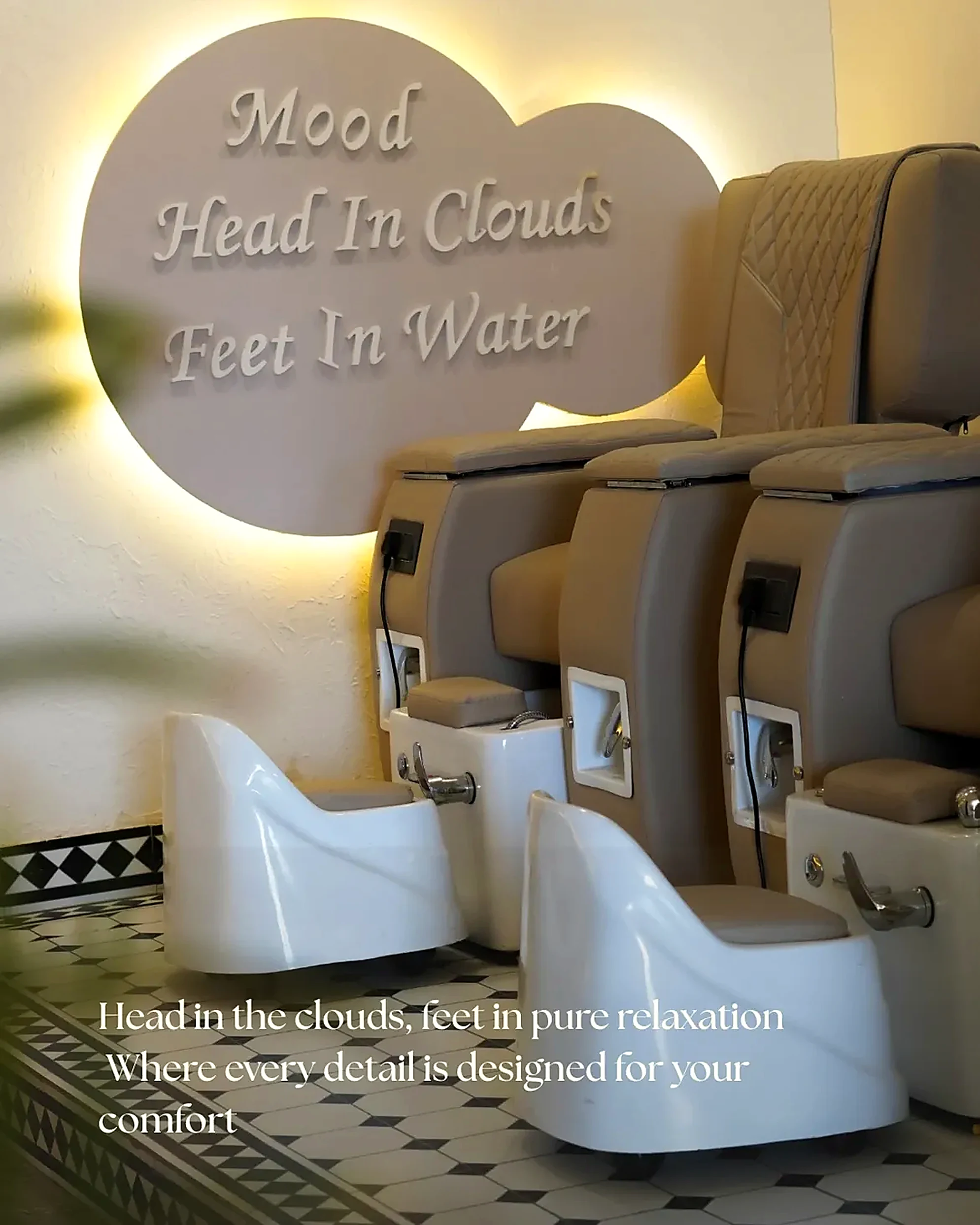 Pedicure spa chairs under the cloud sign